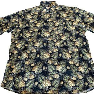 Crossings Men's Hawaiian Shirt Size L Black Pineapple Palm Leaf Vacation Beach